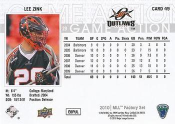 2010 Upper Deck Major League Lacrosse #49 Lee Zink Back